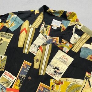 Vintage Quiksilver Edition Men Hawaiian Shirt Black Rayon Postcard Large F509317